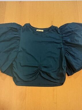 Zara Deep Teal Puff-Sleeve Cropped Top